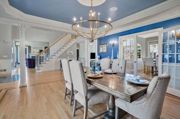 Chandelier, Dining room, Interior, Wood Texture Flooring