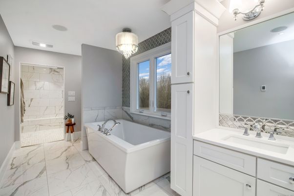 Bathroom, Dual Sink Vanities, Free Standing Baths, Interior, Marble, Marble Walls, Recessed Lighting