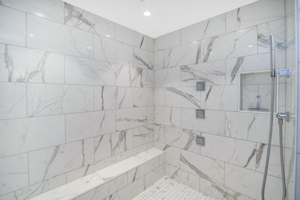 Bathroom, Glass Shower, Interior, Marble Walls, Recessed Lighting