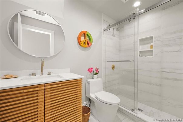 Bathroom, Glass Shower, Interior, Marble Walls, Recessed Lighting
