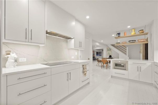 Dining room, Interior, Kitchen, Marble Walls, Recessed Lighting, Wood Texture Flooring