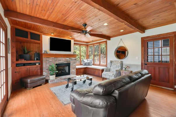 Fireplace, Interior, Living room, Recessed Lighting, Wooden Beams, Wooden Ceilings, Wood Texture Flooring
