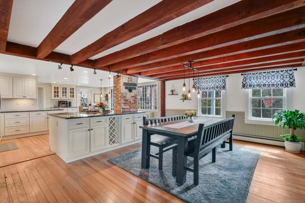 Dining room, Interior, Kitchen, Pendant Lights, Stone Walls, Wooden Beams, Wood Texture Flooring