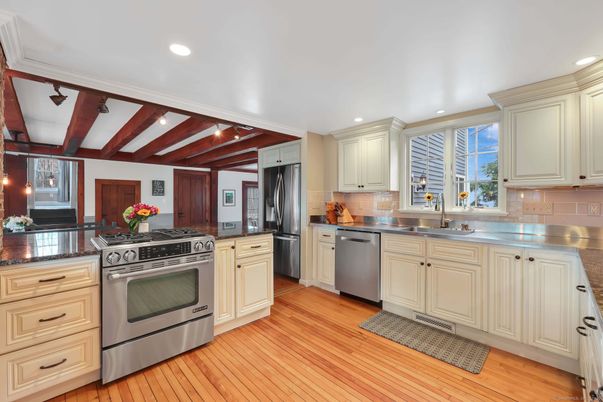 Interior, Kitchen, Recessed Lighting, Stainless Steel Appliances, Wooden Beams, Wood Texture Flooring