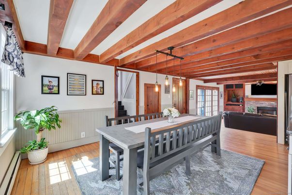 Dining room, Fireplace, Interior, Pendant Lights, Wooden Beams, Wood Texture Flooring