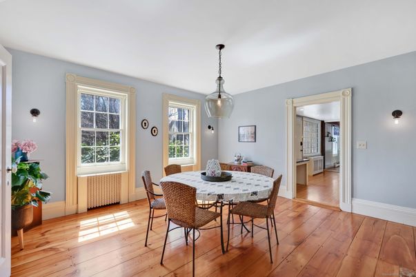 Dining room, Interior, Pendant Lights, Wood Texture Flooring