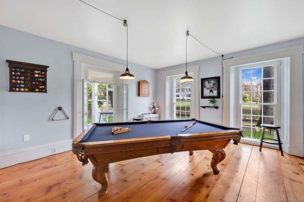 Billiard Table, Game Room, Interior, Pendant Lights, Wood Texture Flooring
