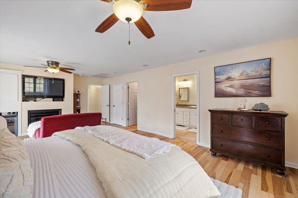 Bedroom, Fireplace, Interior, Wood Texture Flooring