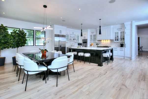 Dining room, Interior, Kitchen, Pendant Lights, Recessed Lighting, Stainless Steel Appliances, Wood Texture Flooring