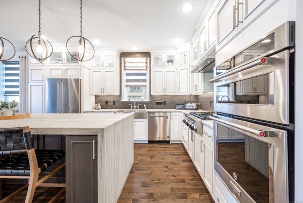 Interior, Kitchen, Pendant Lights, Recessed Lighting, Stainless Steel Appliances, Wood Texture Flooring