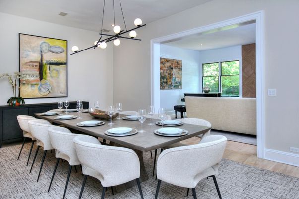 Dining room, Interior, Pendant Lights, Wood Texture Flooring