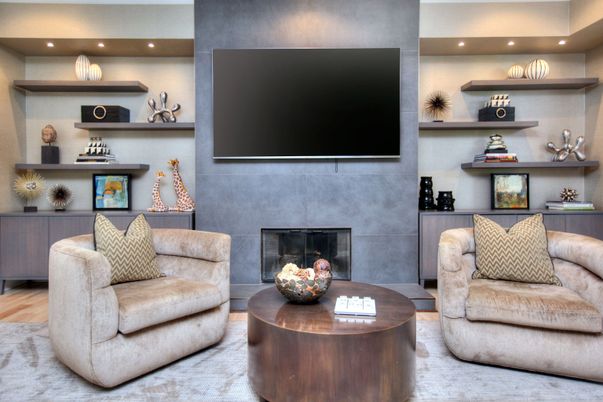 Fireplace, Interior, Living room, Recessed Lighting, Wood Texture Flooring