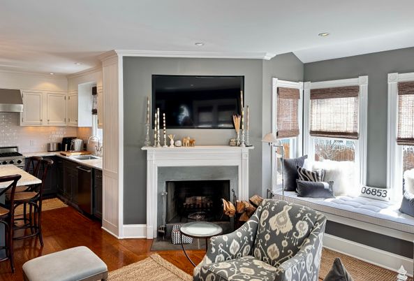 Fireplace, Interior, Kitchen, Living room, Recessed Lighting, Wood Texture Flooring