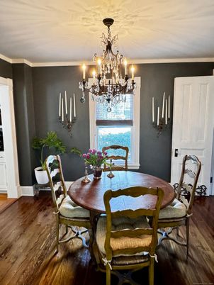 Chandelier, Dining room, Interior, Wood Texture Flooring