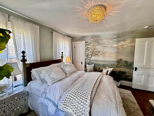 Bedroom, Chandelier, Interior, Wood Texture Flooring