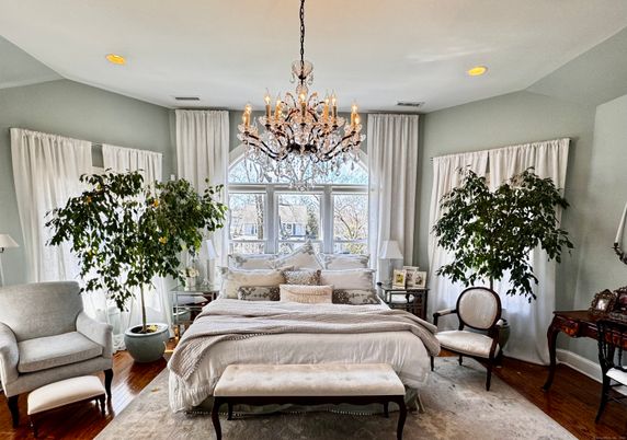Bedroom, Chandelier, Interior, Recessed Lighting, Wood Texture Flooring