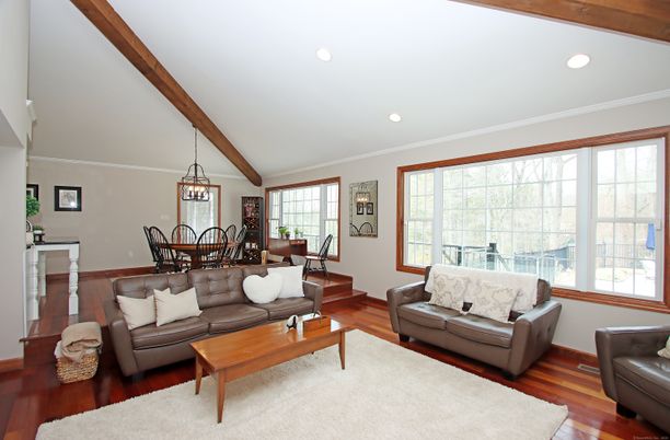 Dining room, Interior, Living room, Pendant Lights, Recessed Lighting, Wooden Beams, Wood Texture Flooring