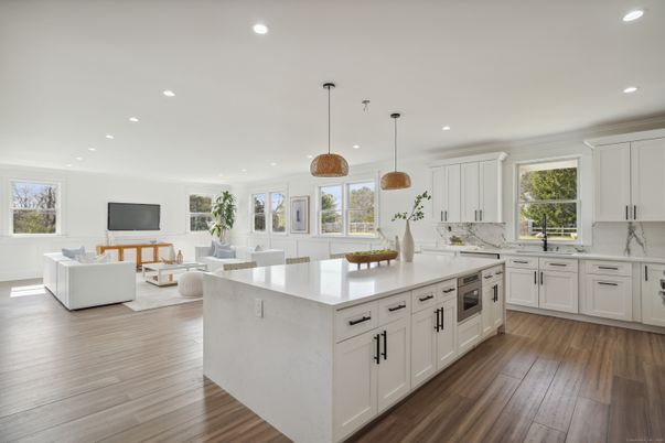 Interior, Kitchen, Living room, Pendant Lights, Recessed Lighting, Wood Texture Flooring