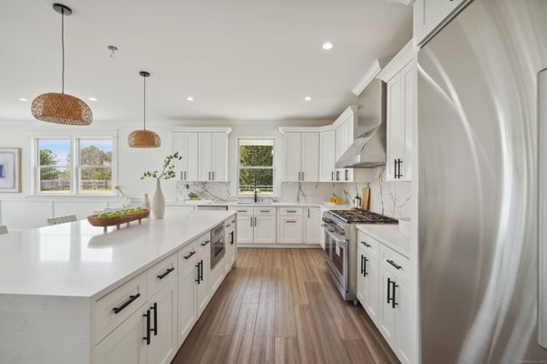 Interior, Kitchen, Pendant Lights, Recessed Lighting, Stainless Steel Appliances, Wood Texture Flooring