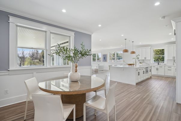 Dining room, Interior, Kitchen, Pendant Lights, Recessed Lighting, Wood Texture Flooring