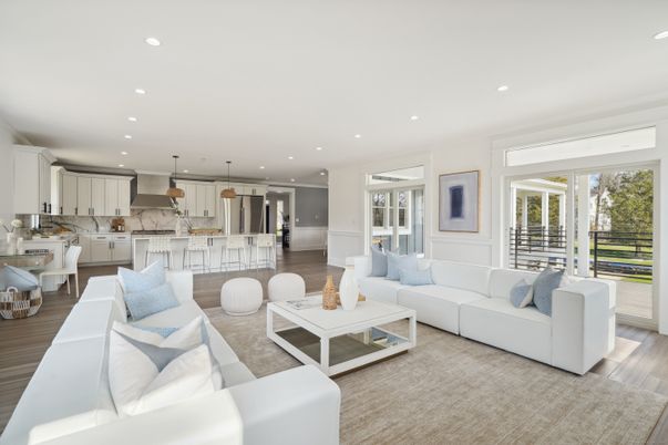 Interior, Kitchen, Living room, Marble Walls, Pendant Lights, Recessed Lighting, Stainless Steel Appliances, Wood Texture Flooring