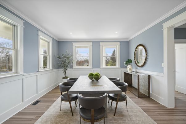 Dining room, Interior, Recessed Lighting, Wood Texture Flooring