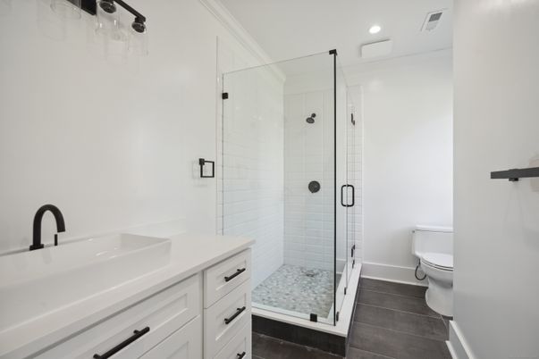 Bathroom, Glass Shower, Interior, Recessed Lighting, Wood Texture Flooring