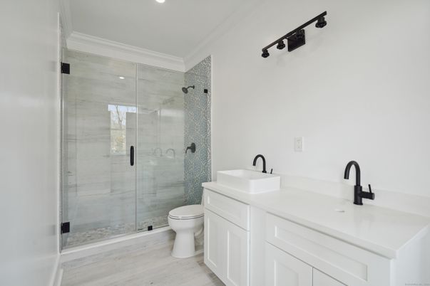 Bathroom, Glass Shower, Interior, Recessed Lighting, Wood Texture Flooring