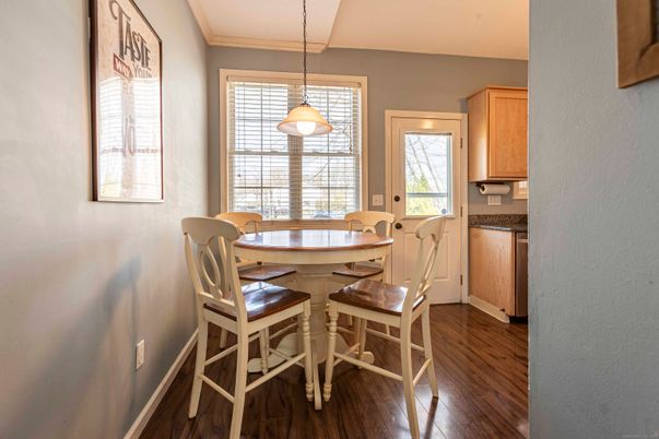 Dining room, Interior, Pendant Lights, Wood Texture Flooring