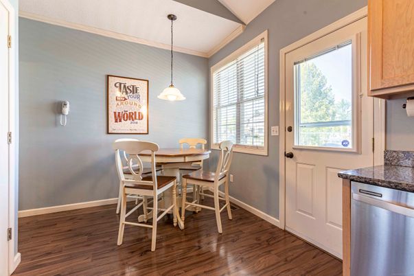 Dining room, Interior, Pendant Lights, Wood Texture Flooring