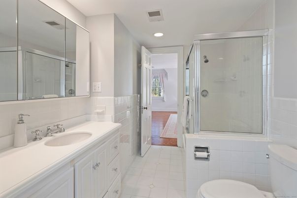 Bathroom, Glass Shower, Interior, Recessed Lighting, Wood Texture Flooring