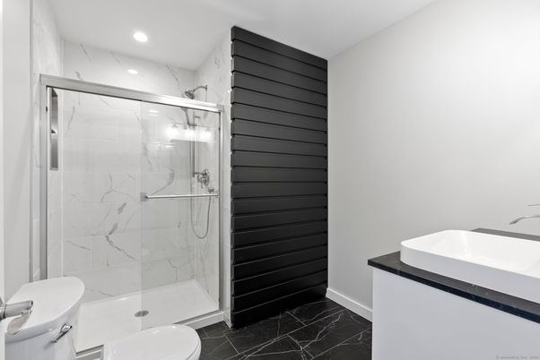Bathroom, Glass Shower, Interior, Marble, Marble Walls, Recessed Lighting