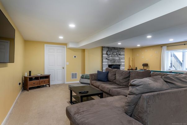 Fireplace, Interior, Living room, Recessed Lighting, Stone Walls