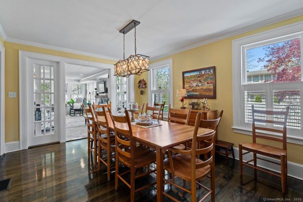 Dining room, Interior, Pendant Lights, Wood Texture Flooring