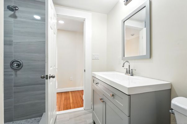 Bathroom, Interior, Recessed Lighting, Wood Texture Flooring