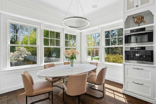 Dining room, Interior, Pendant Lights, Wood Texture Flooring