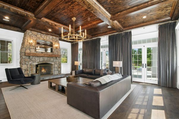 Chandelier, Fireplace, Interior, Living room, Recessed Lighting, Wooden Beams, Wooden Ceilings, Wood Texture Flooring