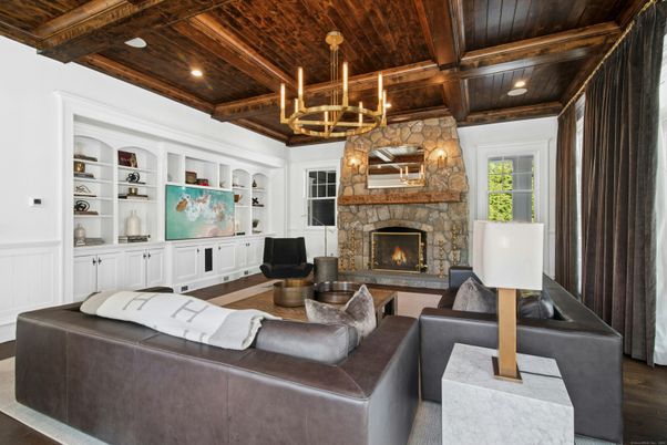 Chandelier, Fireplace, Interior, Living room, Recessed Lighting, Wooden Beams, Wooden Ceilings, Wood Texture Flooring