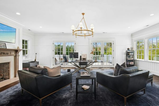 Chandelier, Fireplace, Home Office, Interior, Living room, Recessed Lighting, Wood Texture Flooring