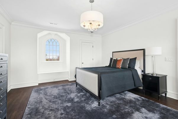 Bedroom, Chandelier, Interior, Wood Texture Flooring