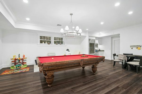 Billiard Table, Chandelier, Game Room, Interior, Recessed Lighting, Wood Texture Flooring