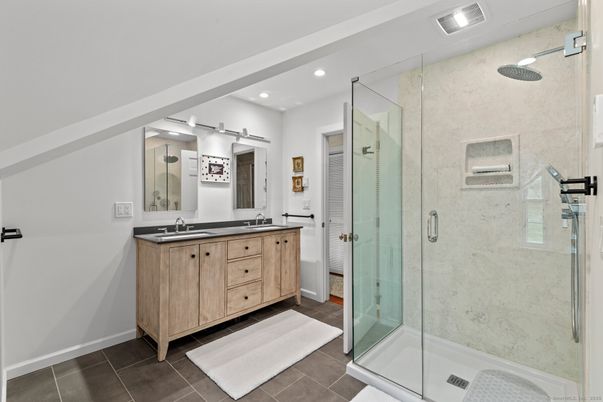 Bathroom, Dual Sink Vanities, Glass Shower, Interior, Recessed Lighting
