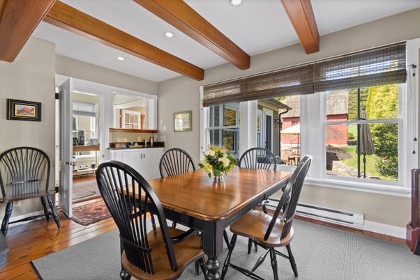 Dining room, Interior, Recessed Lighting, Wooden Beams, Wood Texture Flooring
