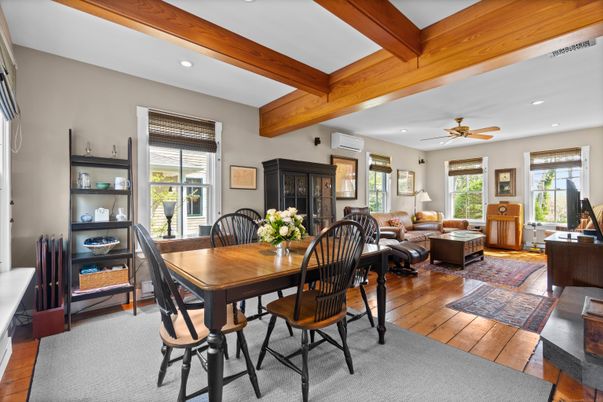 Dining room, Interior, Living room, Recessed Lighting, Wooden Beams, Wood Texture Flooring