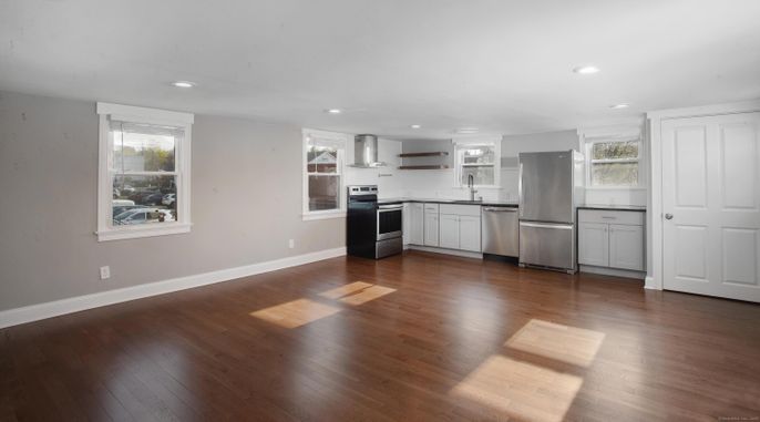 Interior, Kitchen, Recessed Lighting, Stainless Steel Appliances, Wood Texture Flooring