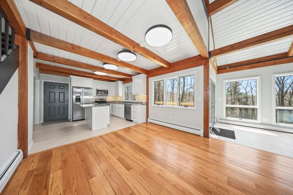 Empty room, Interior, Kitchen, Stainless Steel Appliances, Wooden Beams, Wood Texture Flooring