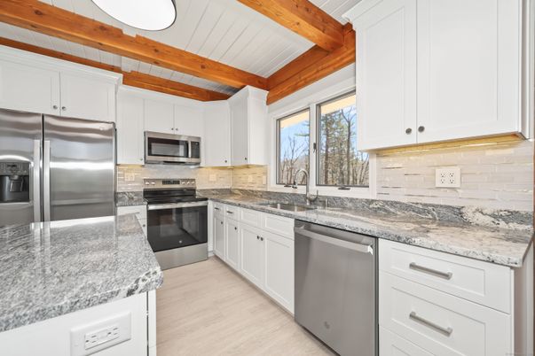 Interior, Kitchen, Stainless Steel Appliances, Wooden Beams, Wood Texture Flooring