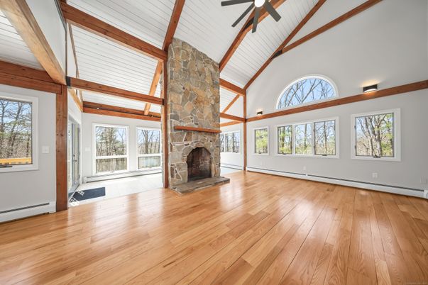 Empty room, Fireplace, Interior, Wooden Beams, Wood Texture Flooring
