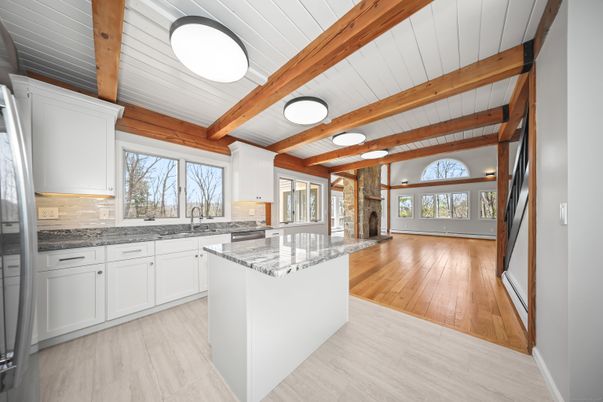 Fireplace, Interior, Kitchen, Wooden Beams, Wood Texture Flooring