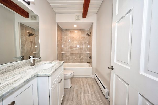 Bathroom, Glass Shower, Interior, Recessed Lighting, Wood Texture Flooring
